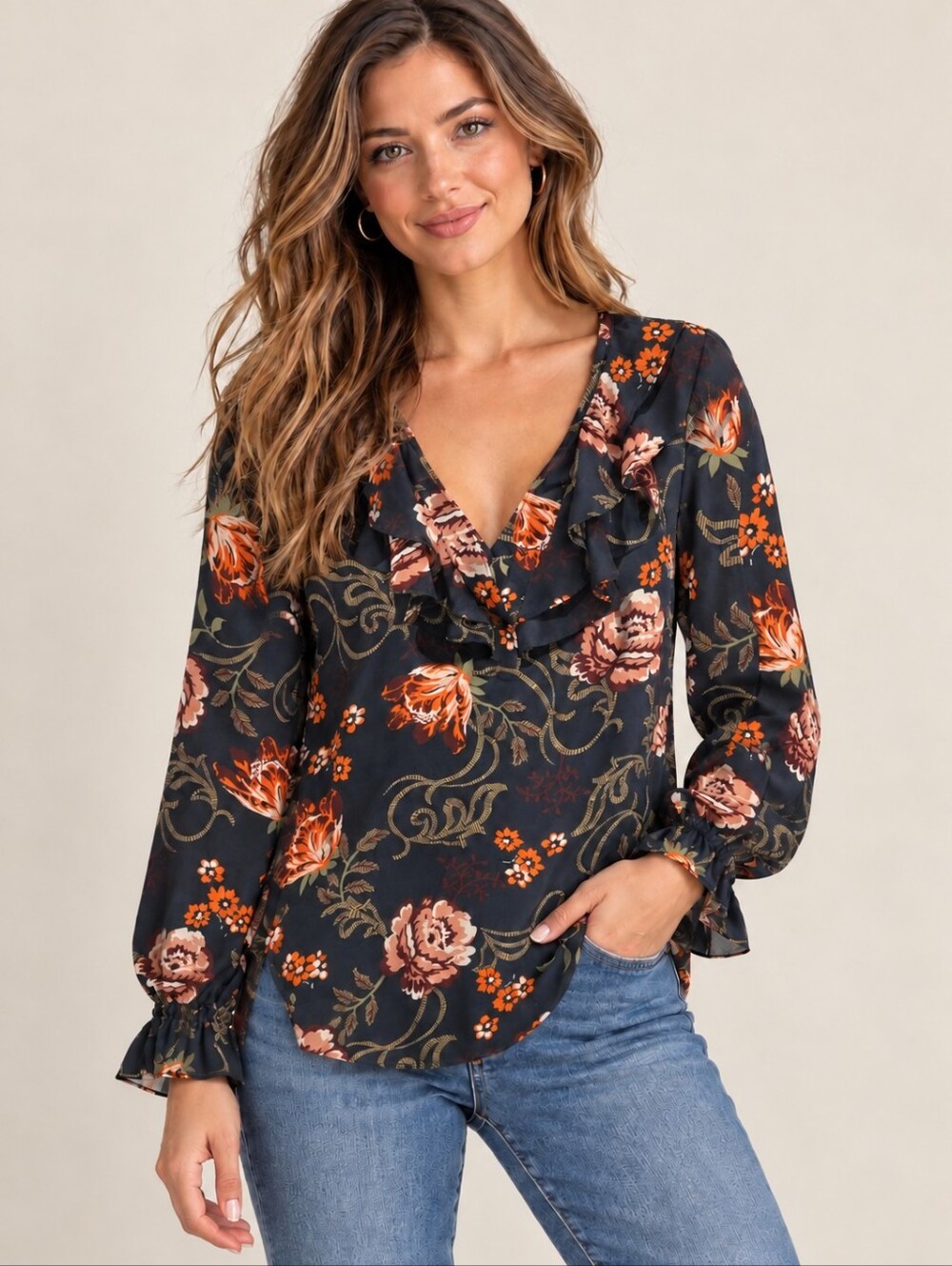 ❤️ ANN TAYLOR LOFT OUTLET RUFFLED V-NECK FLORAL FLOWY BLOUSE / TOP, SMALL